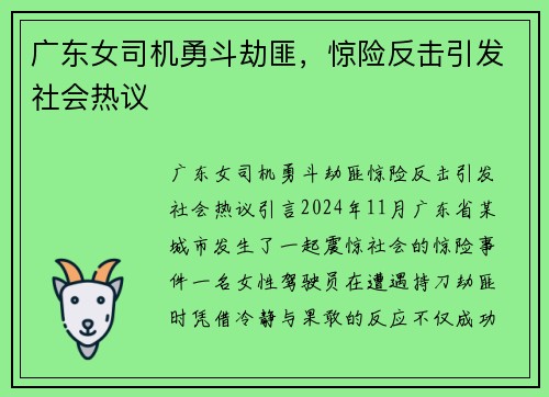 广东女司机勇斗劫匪，惊险反击引发社会热议