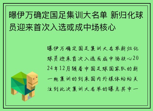 曝伊万确定国足集训大名单 新归化球员迎来首次入选或成中场核心