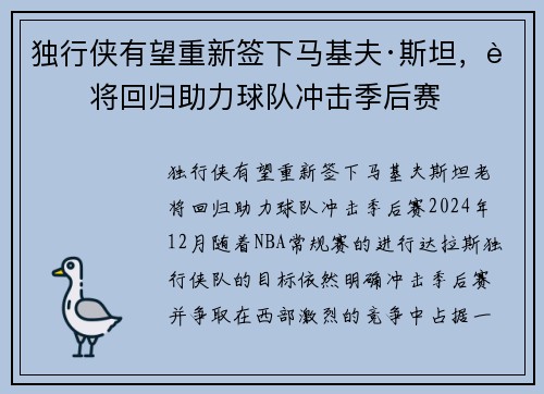 独行侠有望重新签下马基夫·斯坦，老将回归助力球队冲击季后赛