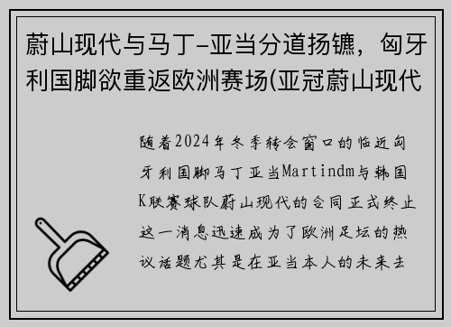 蔚山现代与马丁-亚当分道扬镳，匈牙利国脚欲重返欧洲赛场(亚冠蔚山现代为什么中断)