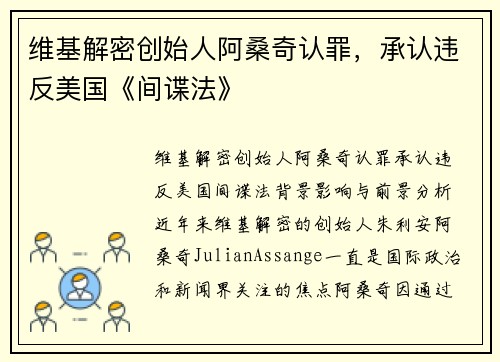 维基解密创始人阿桑奇认罪，承认违反美国《间谍法》